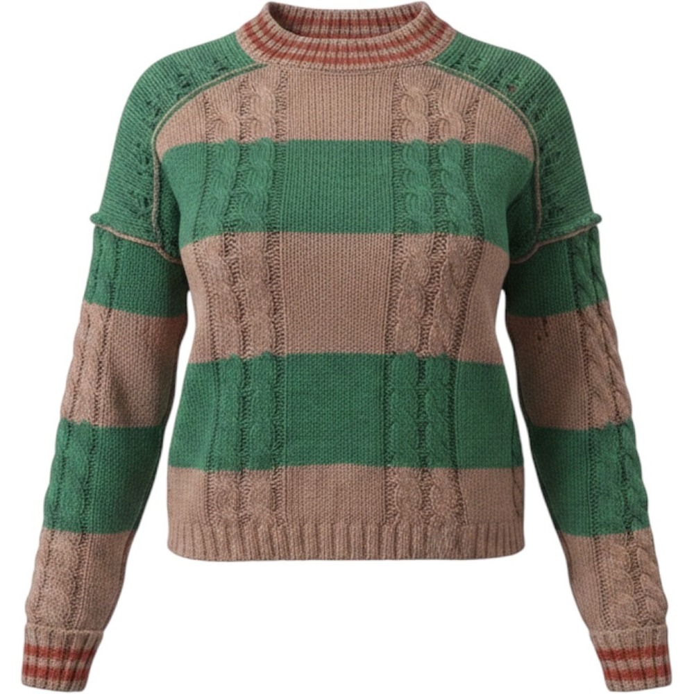Altar'd State Cable Knit Sweater Women XS Green Brown NWT Striped Boho Chunky
